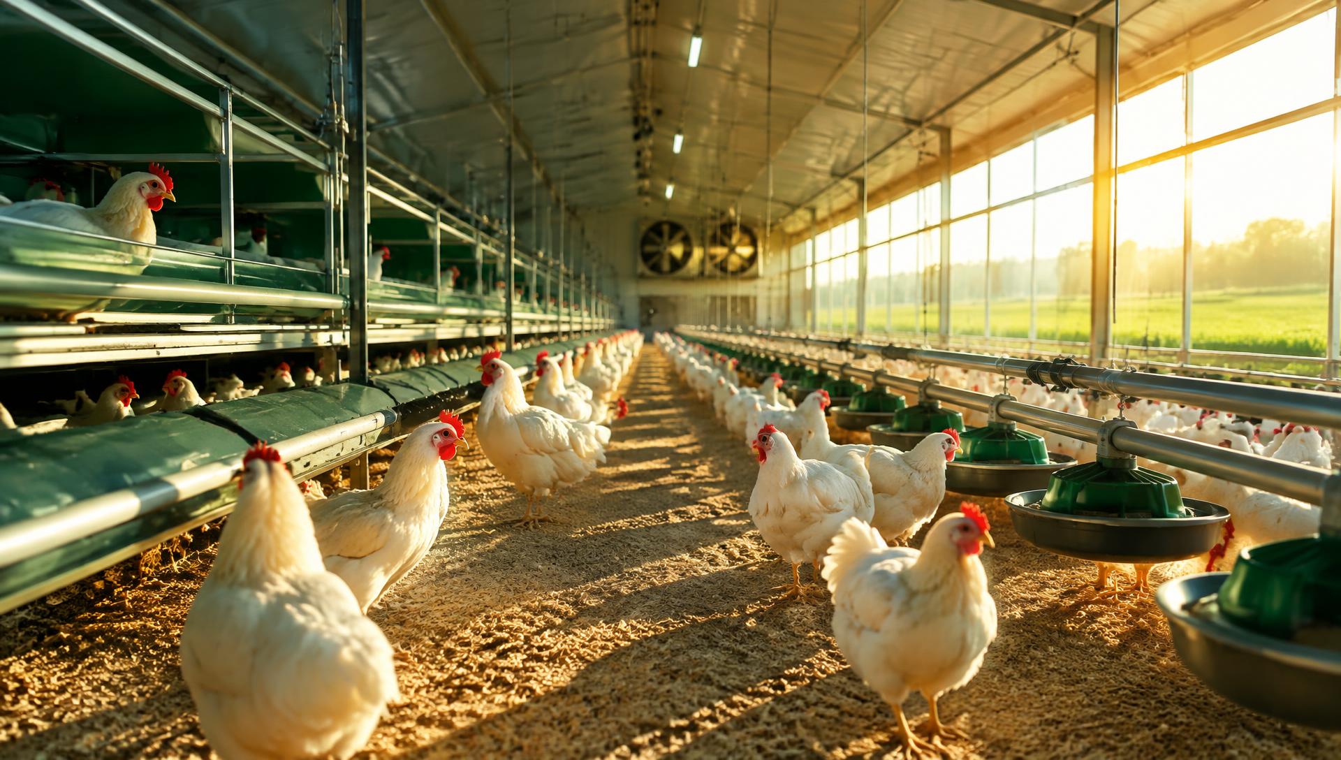 Healthy hens in a modern, well-ventilated poultry house